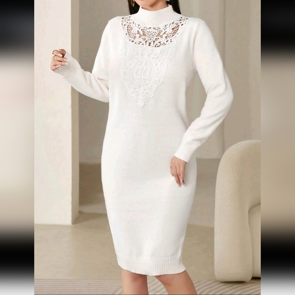 Elegant Solid Color Lace Patchwork Sweater Dress For Women, Autumn/Winter - Picture 3 of 6